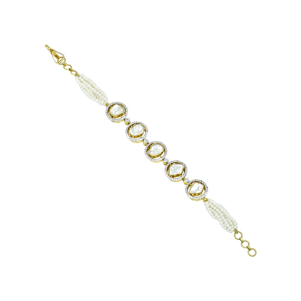 Polki Bracelet with Diamond Halos and Pearl Strands